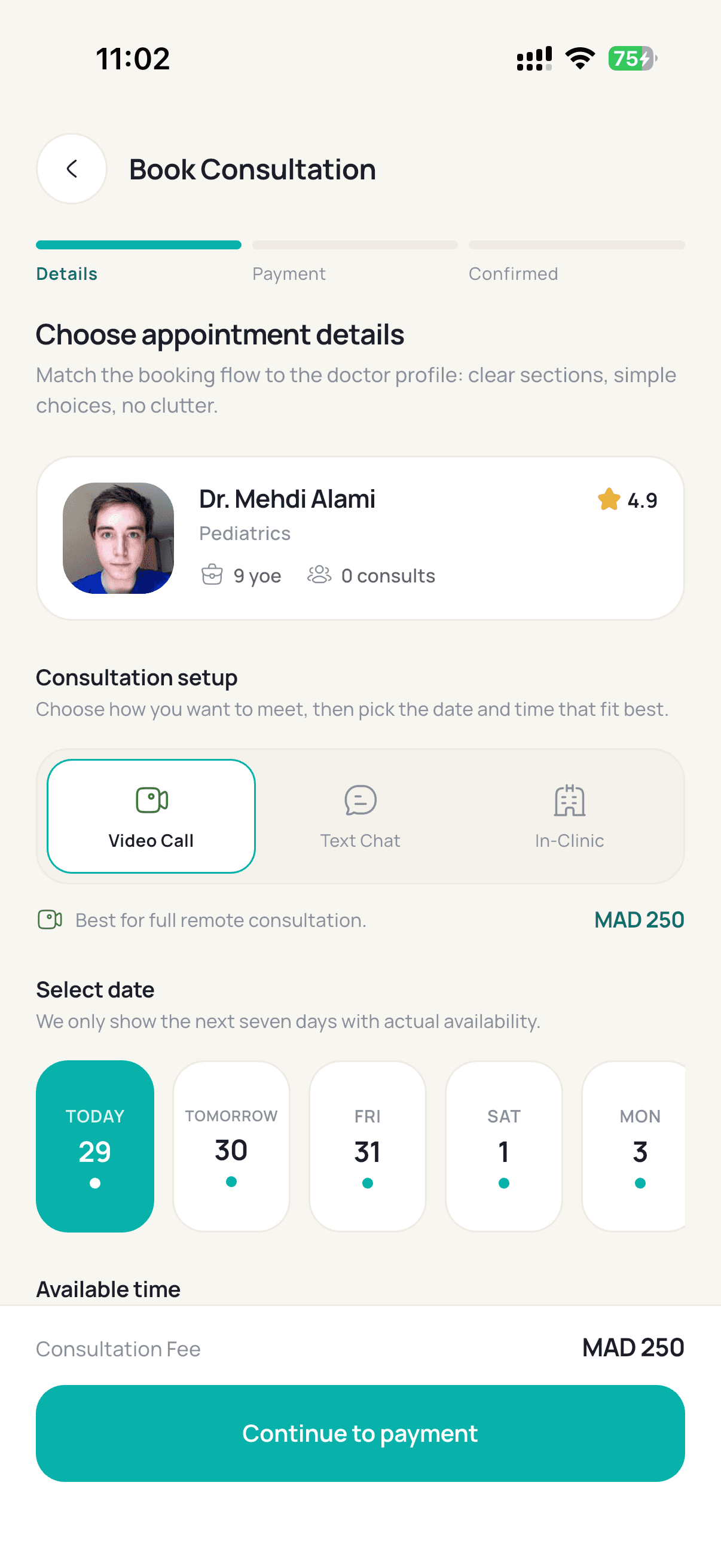 Booking a consultation in the Sanpha app